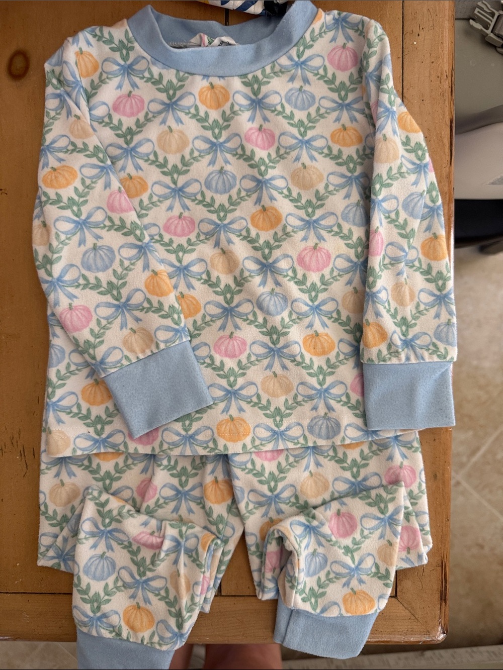 Girls 12M Long Sleeve pumpkin Pajama Set in Pastel Floral Print - Blue Trim